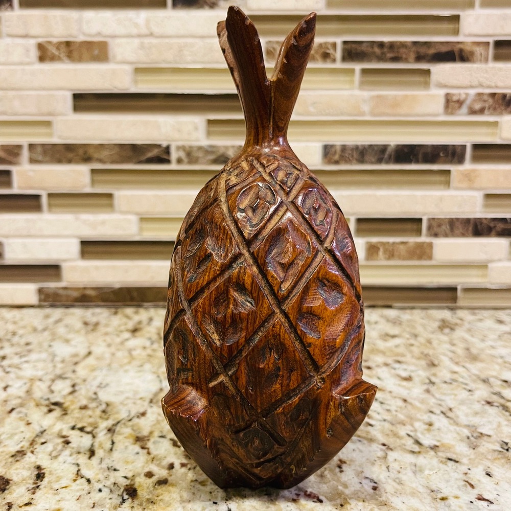 Vintage Hand Carved Wood Pineapple Figurine Rustic Tropical Home‎ Decor Brown